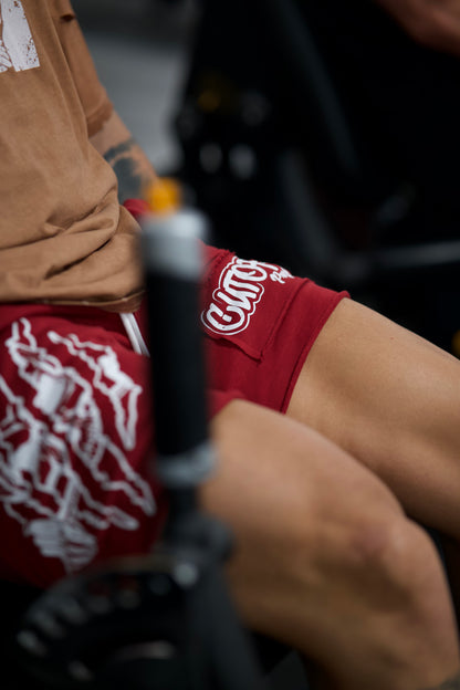 Red shorts modeled